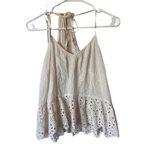 Love Stitch Boho Crinkle Off White Cream Lace Cut Babydoll Flowy Halter Tank